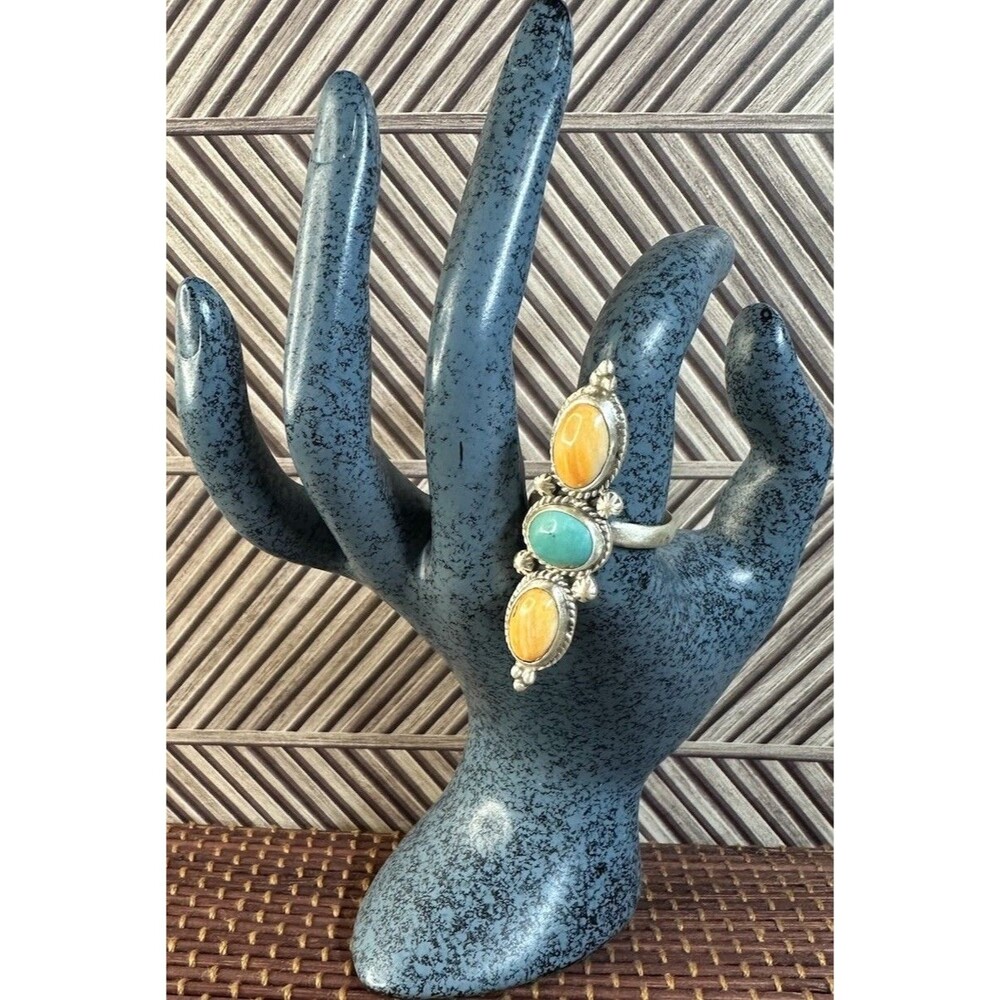 Southwest Sterling Silver Turquoise/Spiny Oyster 3 Stone Crawler Ring 9 Adj - Picture 5 of 9